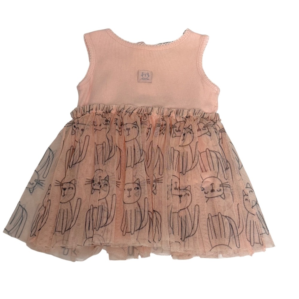Absorba Baby Girl 9M Peach Pink Cat Print Tutu Bodysuit Dress Sleeveless Ribbed‎